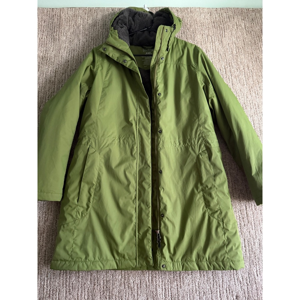 LL Bean Winter Warmer Coat Green Fleece Lined Hooded Parka M Reg 271139